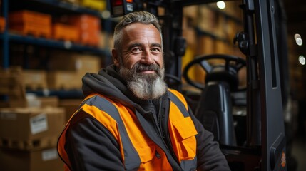 Man Sitting on Forklift in Warehouse