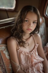 Fototapeta premium Little Girl Sitting on Couch in Car
