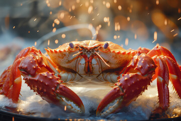 Steamed king crab, front view, red shell, cooked food. Generative AI