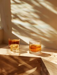Warm light casting shadows on glasses of whiskey