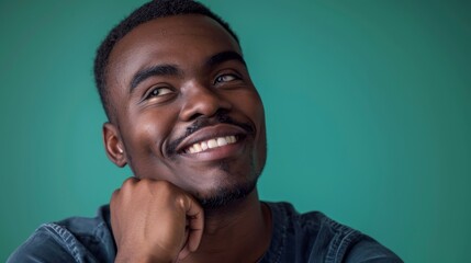 Fototapeta premium Happy man smiling with a thoughtful look on teal background