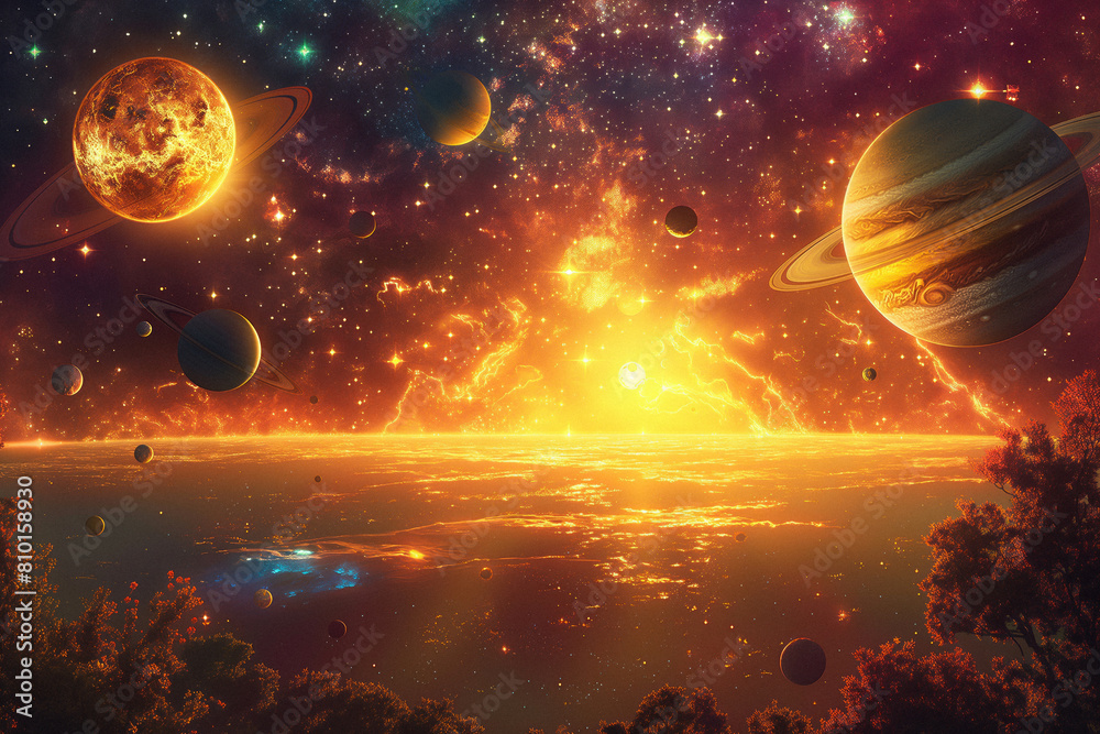 Poster surreal solar system: a celestial canvas of wonders and imagination. generative ai