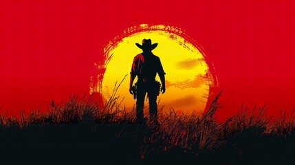 Fototapeta premium black cowboy silhouette standing there, symbolizing redemption