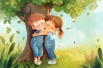 Two Children Embracing Under a Tree, Joyful Childhood Moments
