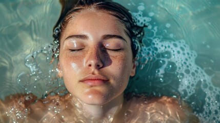 Serene woman relaxing in water with sunlit glow