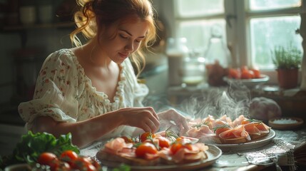 Woman preparing gourmet meal in sunlit kitchen