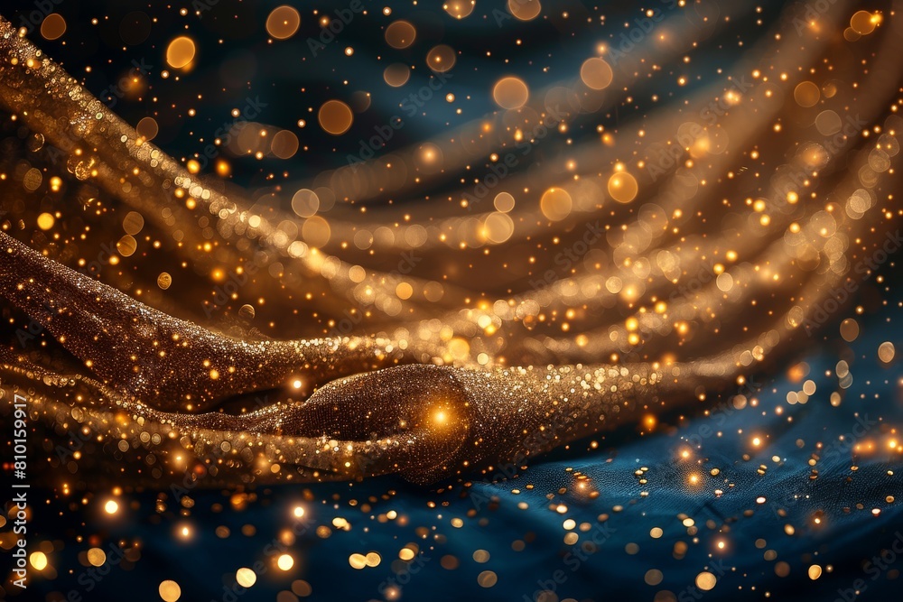Poster an elegant image capturing gold sparkling fabric undulating against a backdrop of enchanting bokeh l