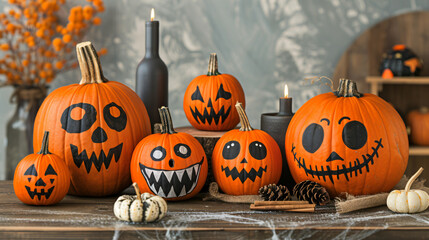 Halloween pumpkins with drawn faces and skull on table