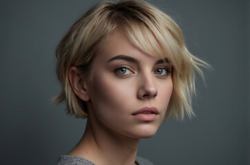 Fototapeta premium Captivating Close-Up Portrait of a Young Woman with Short Blonde Hair and Subtle Makeup in a Grey Sweater