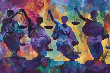 Abstract illustration with figures holding scales of justice, signifying legal equality, Juneteenth independence and justice concept. Juneteenth freedom day, African-American Independence Day, June 19