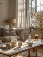 Cozy living room with humidifier in warm morning light