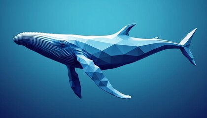 , Abstract blue whale underwater in polygons on a technology blue background. Low poly wireframe marine life concept. Polygonal futuristic vector illustration with 3D effect created with generative ai