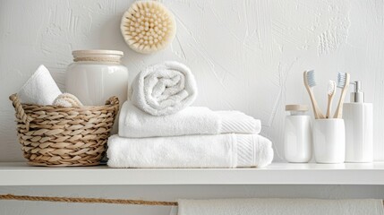 Fototapeta na wymiar Serene bathroom shelf with towels and accessories