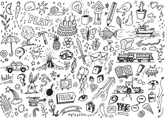 Hand drawn different doodles isolated on white background