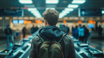 Traveler on moving walkway at airport terminal