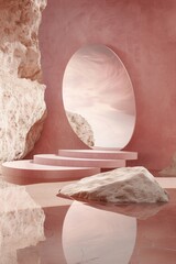 Surreal desert podium with reflective surface and rocks
