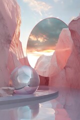 Surreal landscape with reflective spheres at sunset