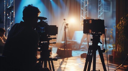 Fototapeta premium Silhouette of cameraman at work on film set