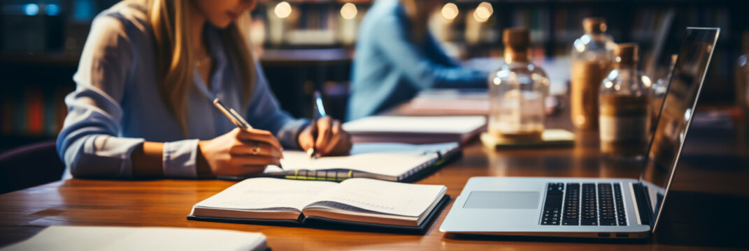 Woman writing notes on notebook while studying online via laptop - closeup of student workspace, office desk, remote learning