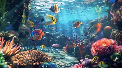 Dive into the vibrant underwater world, where colorful tropical fish dart through coral reefs, creating a vibrant ecosystem beneath the shimmering surface.
