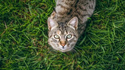 Curious Tabby Cat Peering Up Amidst Lush Green Grass. AI.