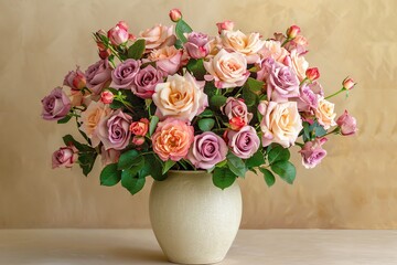 Obraz premium Fresh rose flowers in vase on beige background