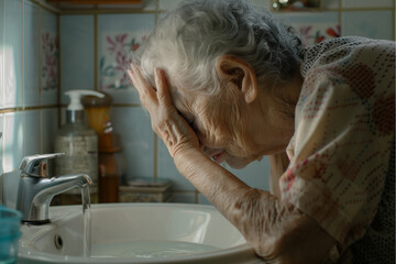 An elderly Asian woman washes her face in the bathroom sink of her home as morning light streams in through a window