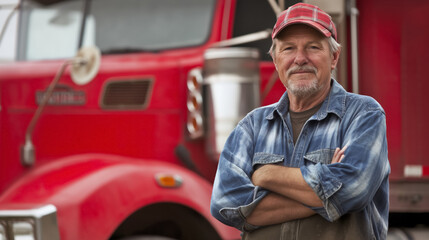 Seasoned truck driver in a blue denim shirt and red cap leans confidently against a bright red truck, reflecting a lifetime of experience on the road.