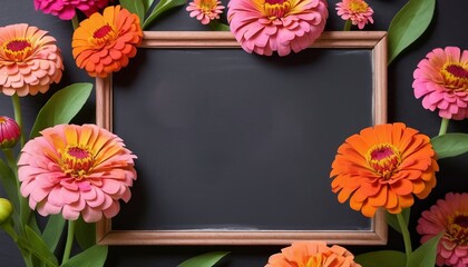  Pink and orange Zinnia flowers in floral frame arrangement with Happy Mother's Day text on chalkboard background created with generative ai.
