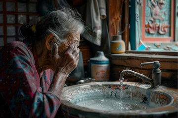 An elderly Asian woman washes her face as morning light streams in through a window. She is in a picturesque Chinese home