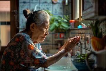 An elderly Asian woman washes her hands as morning light streams in through a window. She is in a colorful wooden home