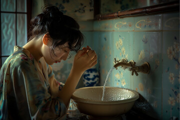At the bathroom sink, an asian woman washes her face at the beginning of the day, she looks distressed as she prays