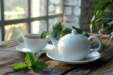 White cup with teapot of aromatic tea and green mint leafs on wooden background