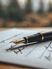 Fototapeta premium Elegant Fountain Pen Signing a Formal Document on a Wooden Desk. AI.