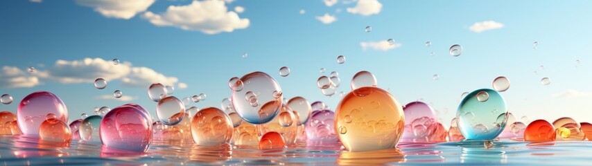 Colorful glass bubbles floating on water