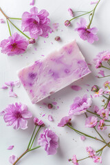 Artisan made natural handmade flowers oil soap piece on a white background with flower composition in minimal trendy style, copy space. 