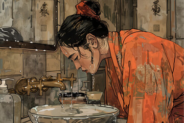 Japanese woman, dressed in a red kimono, washes her face in the bathroom of her house. asiatic woman
