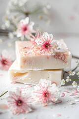 Artisan made natural handmade flowers oil soap piece on a white background with flower composition in minimal trendy style, copy space. 