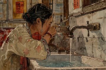 Japanese woman, dressed in a white kimono with pink flowers, drinking water with her hands. asian girl