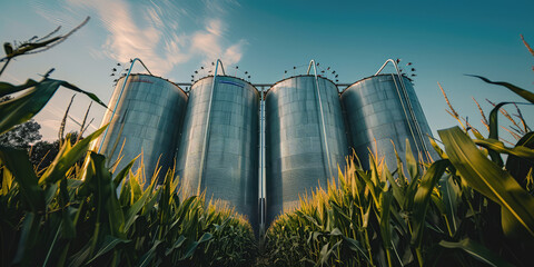 Silos in a corn field. Metal containers for storing harvested corn. Storage of agricultural production.