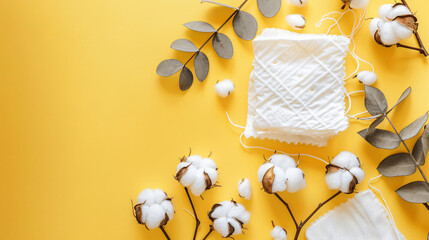Handmade cotton pads with materials on yellow background