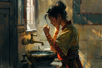 asian woman - young tibetan woman, dressed in a yellow kimono, standing next to an open faucet with water flowing out of it