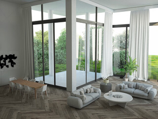 Luksusowy duży salon z wysokim sufitem i wysokimi oknami z zasłonami i sofami © VILKTERIO