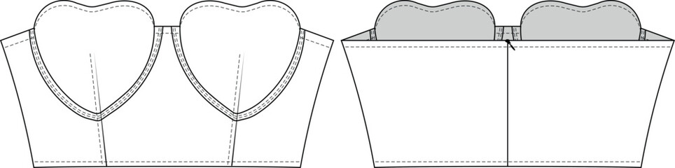 strapless sleeveless heart neck fit zippered crop cropped denim jean blouse bustier top template technical drawing flat sketch cad mockup fashion woman design style model  © sin