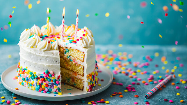 A birthday cake with candles and sprinkles.
