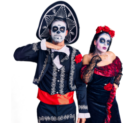 Young couple wearing mexican day of the dead costume over background cutting throat with hand as knife, threaten aggression with furious violence