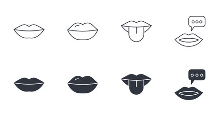 Vector icons of human lips. Editable stroke set. Line and silhouette symbols of mouth and tongue. Beautiful female lips, black color, dialogue and quote. Stock illustration