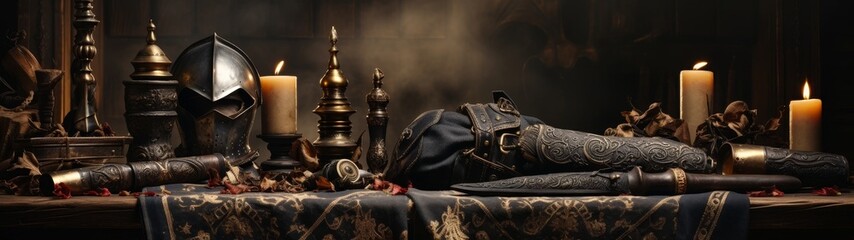 Mysterious medieval still life with armor and candles