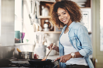 Stove, pan and spoon for woman in kitchen, portrait and chef in home for meal prep. Food, sauce and...