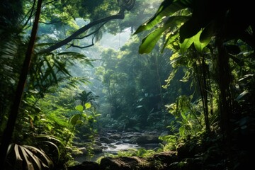Obraz premium Lush tropical rainforest landscape with dense foliage and stream